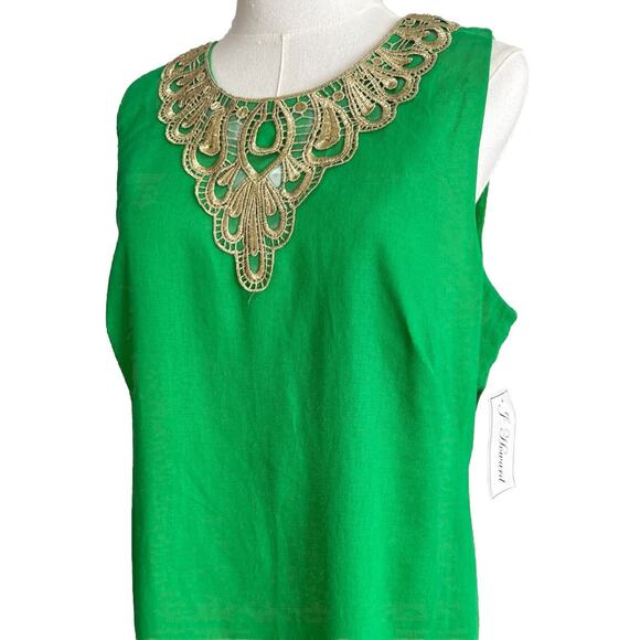 Linen Cocktail Formal Dress Midi Green Gold Embroidered Size 14 Zipper Back Rare - Picture 4 of 14